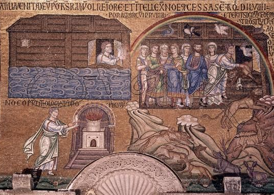 Noach leidt zijn dieren naar de ark in dit fresco uit de San Marco-kathedraal in Venetië.